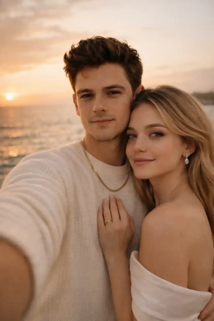 Golden Hour Seaside Couple Selfie